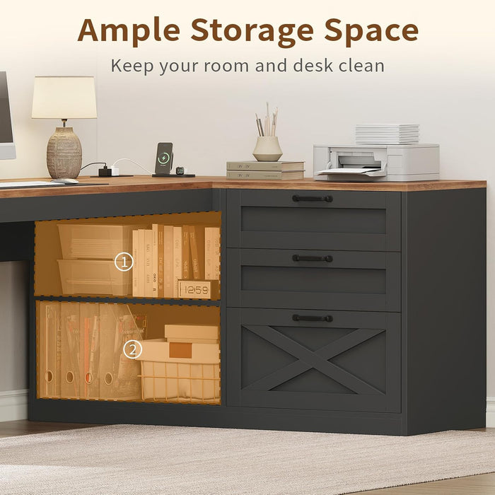 Farmhouse L Shaped Computer Desk with Drawers, Power Outlet for Home Office