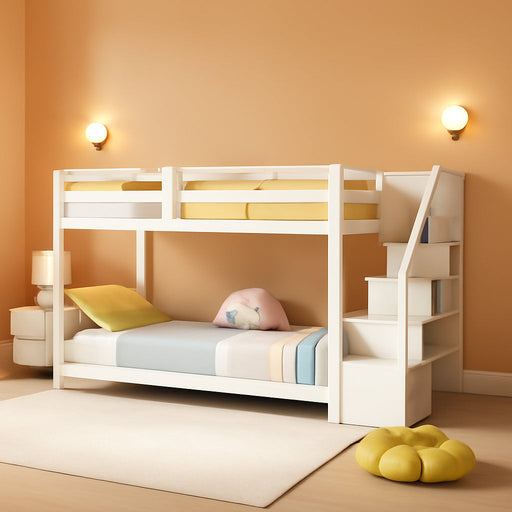 Twin over Twin Bunk Bed with Stairs, Solid Wood Floor Bunk Bed with Storage Staircase & Full-Length Guardrails, Low Bunk Bed with for Kids, Teens, Adults, Dorm, Small Space, White