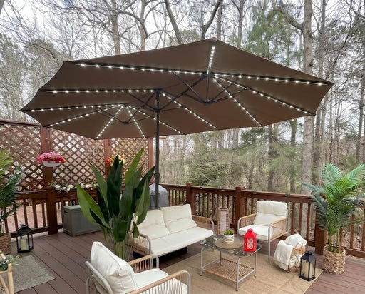 15Ft Double-Sided Patio Umbrella with Base and Solar Lights Outdoor Market Umbrella with Crank Handle Rectangle Umbrella for Backyard Pool Garden Deck, Taupe