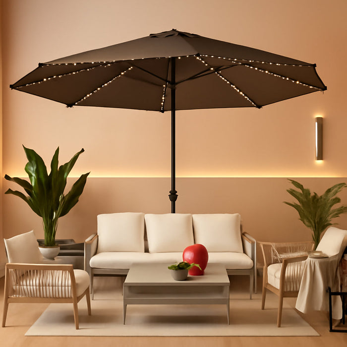 15Ft Double-Sided Patio Umbrella with Base and Solar Lights Outdoor Market Umbrella with Crank Handle Rectangle Umbrella for Backyard Pool Garden Deck, Taupe