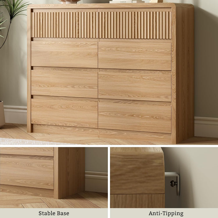 Oak Fluted 8 Drawer Dresser for Bedroom, Curved Edge, 50" Wide