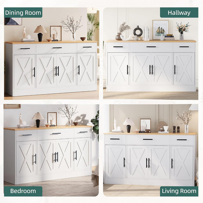 Buffet Cabinet with Storage,53.4" Large Kitchen Storage Cabinet with 3 Drawers and 4 Doors,Wood Farmhouse Buffet Sideboard with Adjustable Shelf for Kitchen Living Room, White
