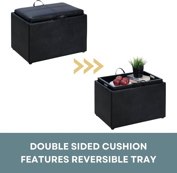 Designs4Comfort Accent Storage Ottoman 22.75" - Modern Foot Stool with Decorative Tray for Living Room, Dining Room, Office, Black Faux Leather
