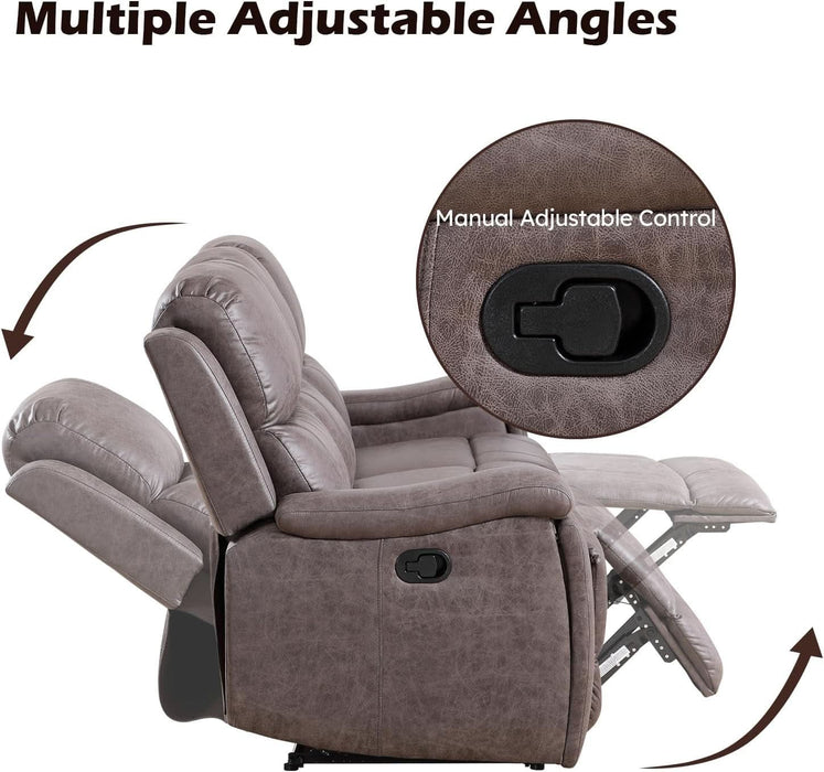 Faux Leather Manual Reclining Sofa,3 Seat Recliner Couch Sofa with Overstuffed Arms and Back,Manual Recliner Sofa Set with Concealed Cup Holders for Living Room,Grey