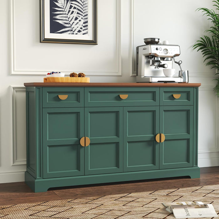 60'' Shaker-Style Large Sideboard Buffet Cabinet with Storage, Green | Credenza Storage Cabinet with 4 Doors and 3 Drawers, Coffee Bar for Kitchen, Living Room