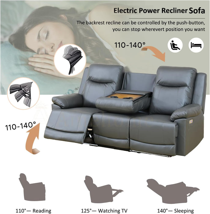 Power Leather Recliner Sofa Sets, 2 Pieces Living Room Furniture Sets with LED Lights, Grey Reclining Sofa Sets with USB Port for House/Office/Rv(B-Drak Grey, Sofa+Loveseat)