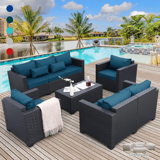 Patio Furniture Set 5 Pieces Outdoor Furniture Sets Patio Couch Outdoor Chairs Coffee Table Peacock Blue Anti-Slip Cushions and Waterproof Covers