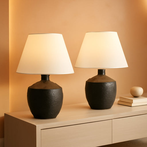 18" Black Modern Concrete Effect Table Lamp Set of 2, Scandinavian Bedside Lamps for Bedroom Living Room, White Linen Shade, LED Bulbs Included (JYL5606B-SET2)
