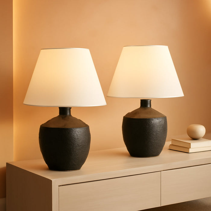 18" Black Modern Concrete Effect Table Lamp Set of 2, Scandinavian Bedside Lamps for Bedroom Living Room, White Linen Shade, LED Bulbs Included (JYL5606B-SET2)