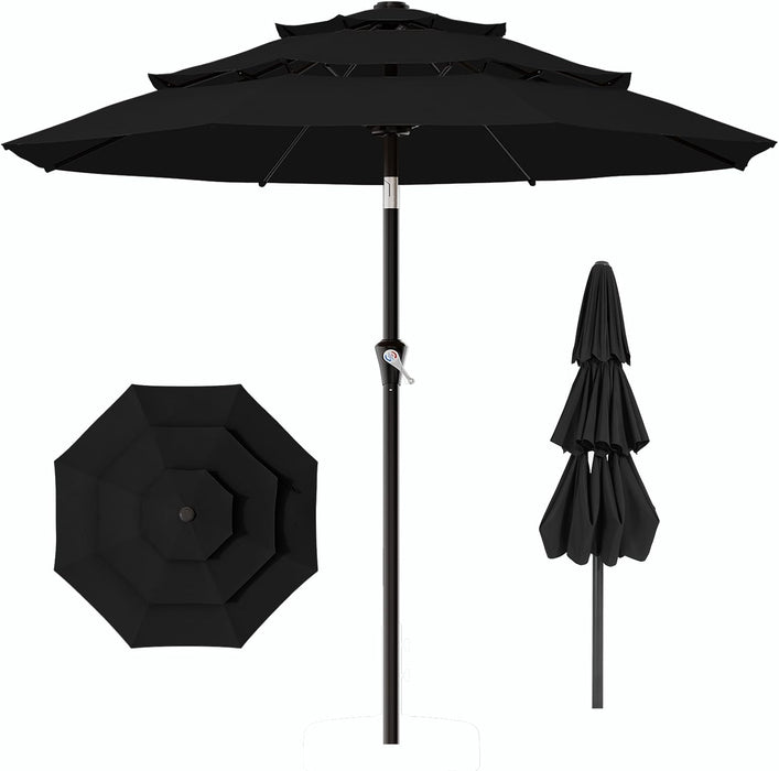 9Ft 3-Tier Patio Umbrellas, Outdoor Umbrella with 8 Sturdy Ribs UV Protection Windproof, Market Table Umbrella W/Push Button Tilt & Crank for Pool, Porch, Deck, Garden(Black)