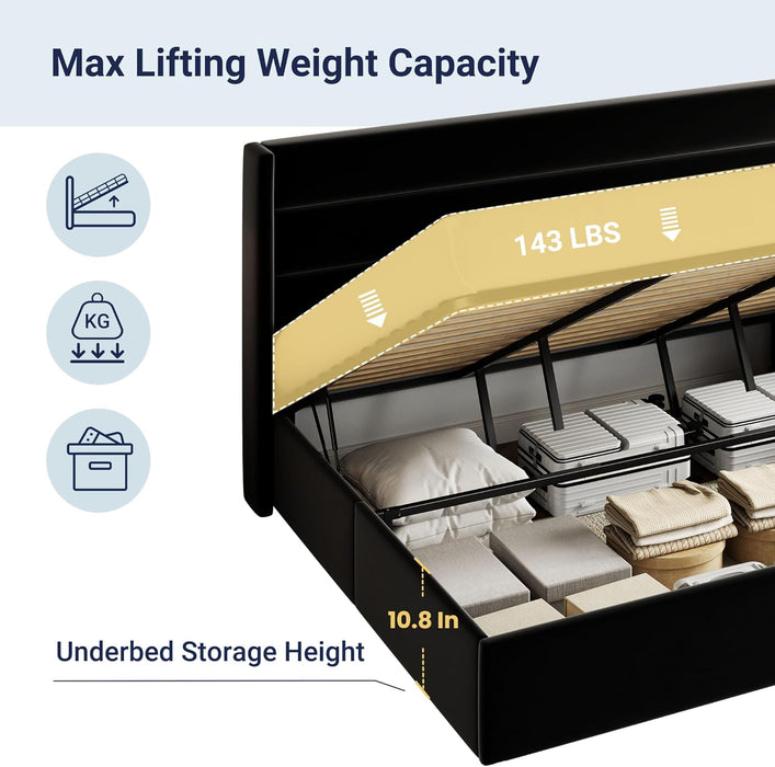 King Size Velvet Lift up Storage Bed, Modern Wingback Headboard, Hydraulic Support, No Box Spring Needed, Black