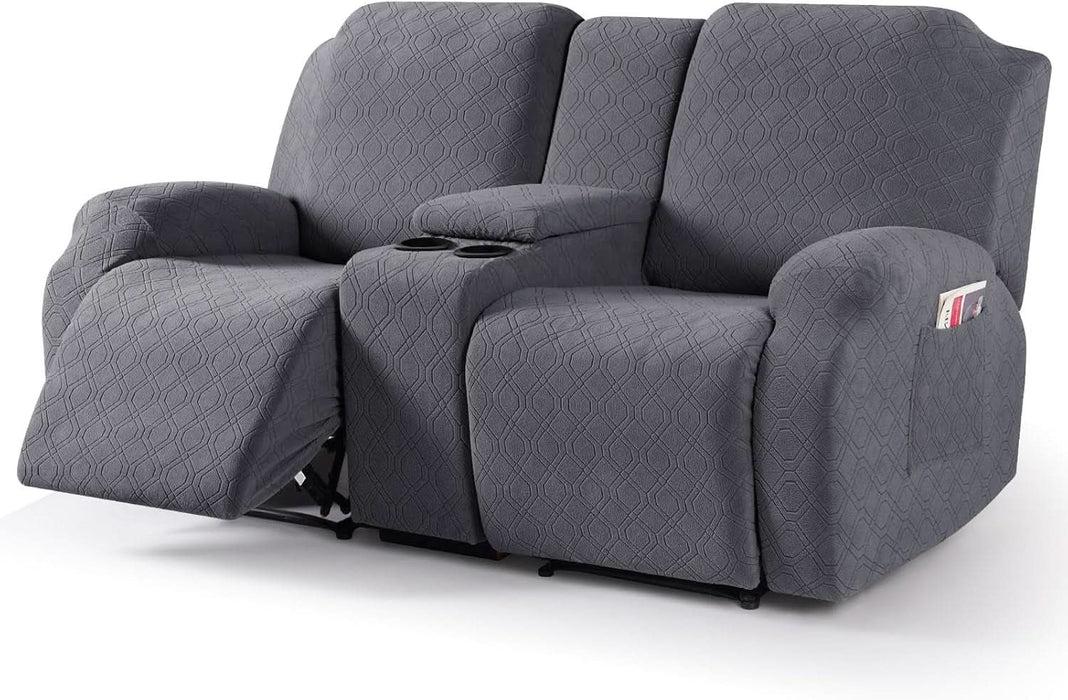 Recliner Loveseat Cover with Middle Console Stretch Reclining Sofa Slipcover for 2 Seat Jacquard Reclining Couch Sofa Covers Furniture Protector with Elastic Straps Bottom (Dark Gray)