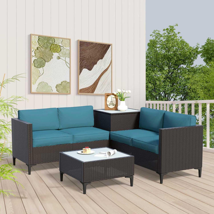 4-Piece Rattan Patio Furniture Set, Waterproof Wicker Outdoor Sectional Sofa with Thick Cushions, All-Weather PE Rattan Conversation Set for Porch, Poolside (Peacock Blue, Black Rattan)