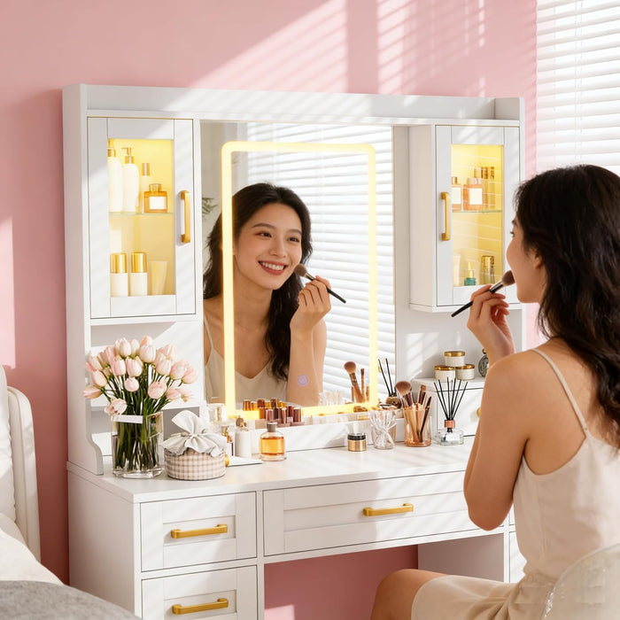 Vanity Desk with Mirror and LED Lights & Power Outlet, Large Makeup Vanity Table with 5 Drawers and 4 Storage Cabinets, White Dressing Table for Bedroom