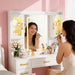 Vanity Desk with Mirror and LED Lights & Power Outlet, Large Makeup Vanity Table with 5 Drawers and 4 Storage Cabinets, White Dressing Table for Bedroom