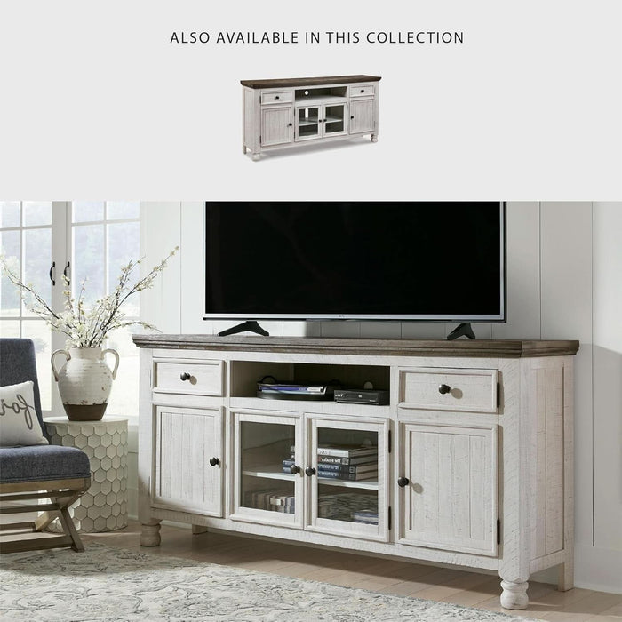Havalance Farmhouse TV Stand Fits Tvs up to 72", 4 Cabinets and Shelves for Storage, Vintage White & Weathered Gray