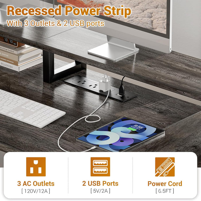Computer Desk with 3 Drawers, Home Office Desk with File Drawer & Power Outlet, 59'' Gaming Desk with Led Lights, Work Desk with Storage Shelves, Printer Cabinet and Monitor Shelf, Grey Oak