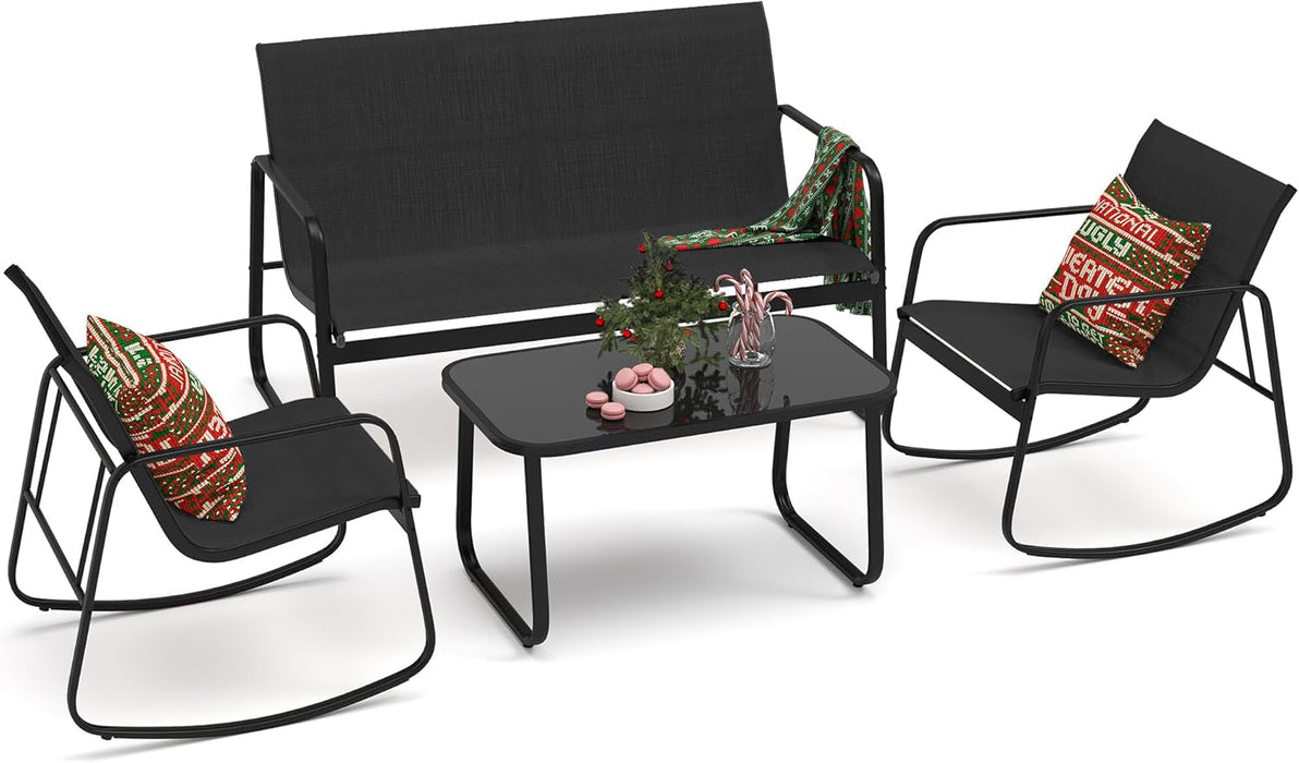 4 Piece Patio Furniture Set, Small Backyard Bistro Rocking Chairs, Loveseat and Glass Table, Textilene Outdoor Conversation Set for Lawn, Garden, Balcony, Poolside (Black)