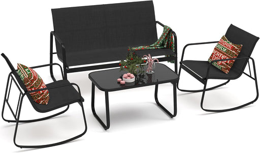 4 Piece Patio Furniture Set, Small Backyard Bistro Rocking Chairs, Loveseat and Glass Table, Textilene Outdoor Conversation Set for Lawn, Garden, Balcony, Poolside (Black)