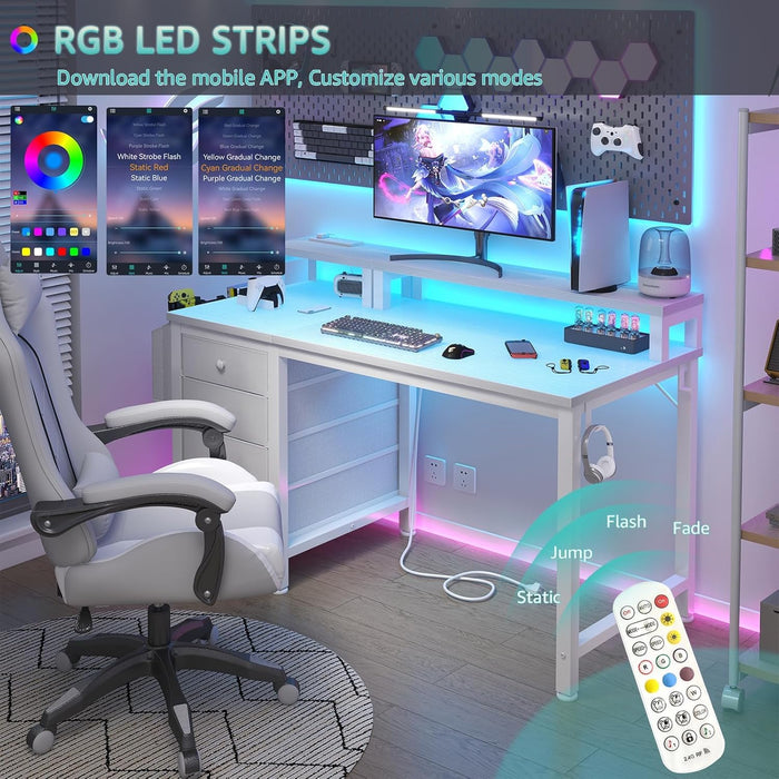 White Desk with 4 Drawers - 47 Inch Gaming Desk with Monitor Stand, Computer Gaming Desk with LED Lights Power Outlets and Storage Bag Fabric Drawer for Home Office, Bedroom, White