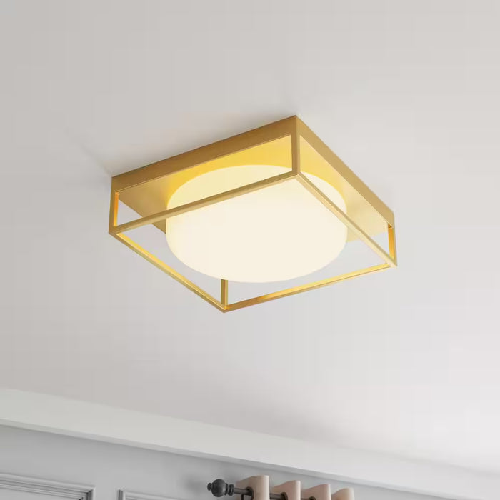 13 In. 2-Light Industrial Gold Flush Mount Farmhouse Close to Ceiling Light Fixture with White Glass Shade