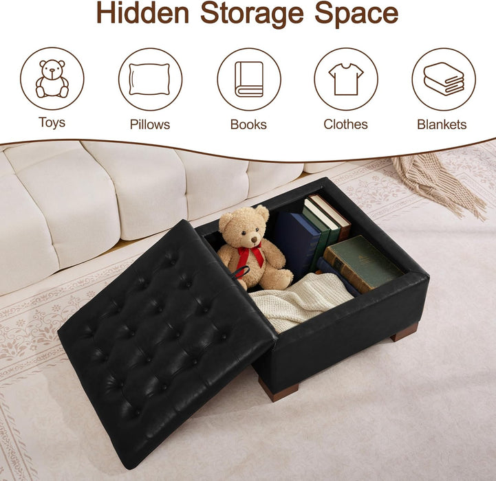 30" Faux Leather Square Storage Ottoman with Wooden Tray, Modern Tufted Button Footstool Coffee Table, Upholstered Large Ottoman for Living Room, Bedroom, Black