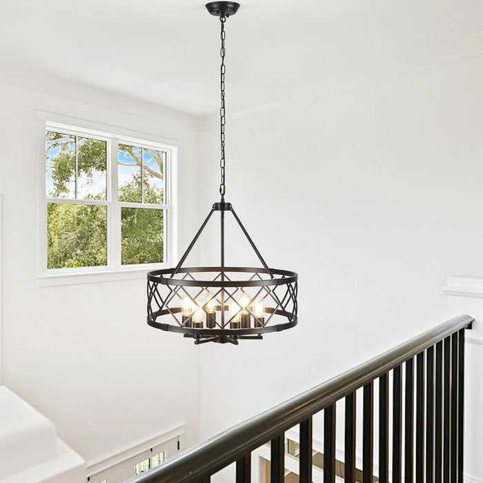 21.65" Black Chandelier, 6-Light Modern Farmhouse Dining Room Chandelier, Industrial Metal Cage Chandelier Hanging Light Fixture for Kitchen Island, Foyer, Entryway, Staircase, Living Room
