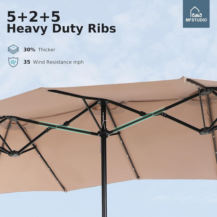 15Ft Patio Umbrella with Solar Lights & Base, Double-Sided, Beige