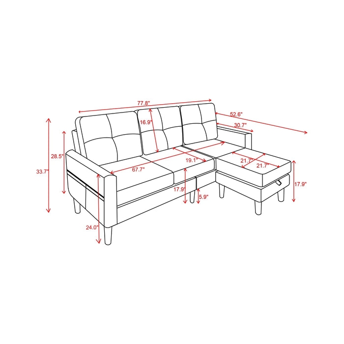 Convertible Sectional Sofa Couch L Shaped Couch Sofa for Living Room Small 3 Seater Sofa Couch with Storage Ottoman and Side Pockets(Grayish Black)