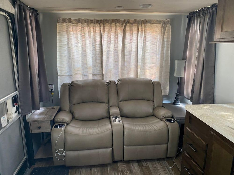 Charles 64" Powered Recliner RV Sofa with Console and Cupholders | Zero Wall Loveseat for Camper | Wall Hugger Couch with Upgraded 2023 Fabric (Putty)