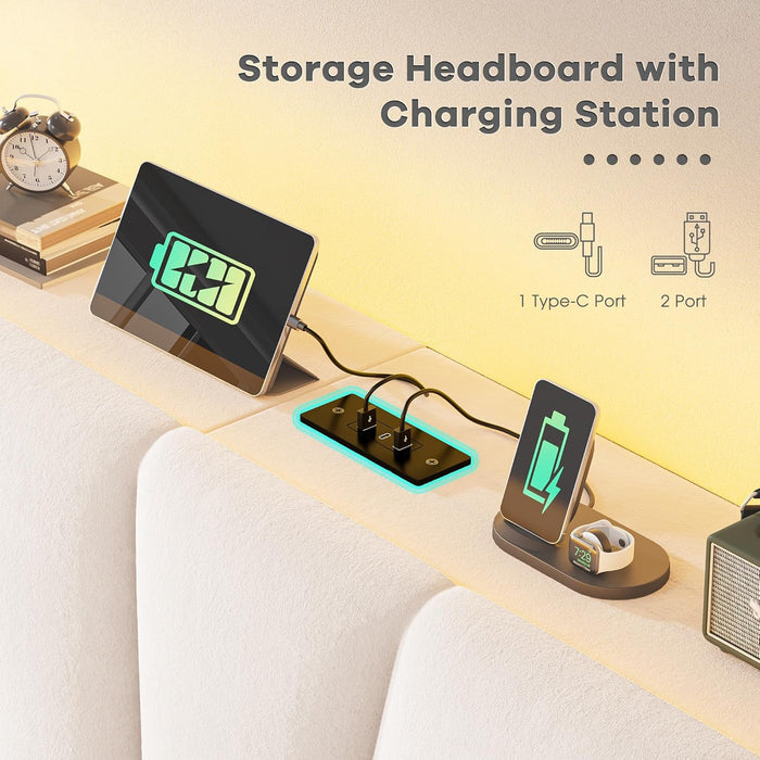 Queen Bed Frame and Headboard, Velvet Upholstered Bed Frame Queen Size with Charging Station and LED Lights, Platform Bed Frame for Bedroom, Apartment, Dorm, Noise-Free, Easy Assembly, Beige