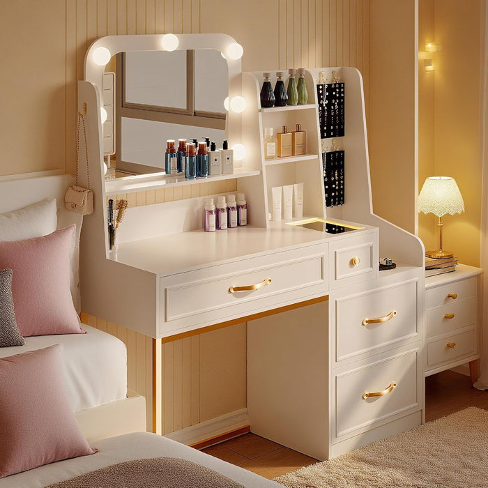 Makeup Vanity Desk with Mirror and Lights,Glass Top Dresser with Charging Station,Vanity Table with Storage and Jewelry Stand,Dressing Table,Edroom Makeup Desk for Women,White