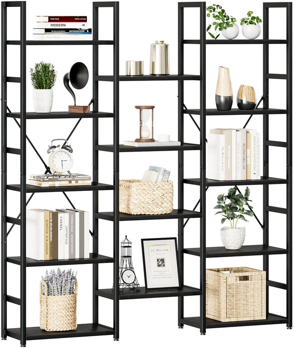 Industrial Black Triple Column Five Tier Bookshelf
