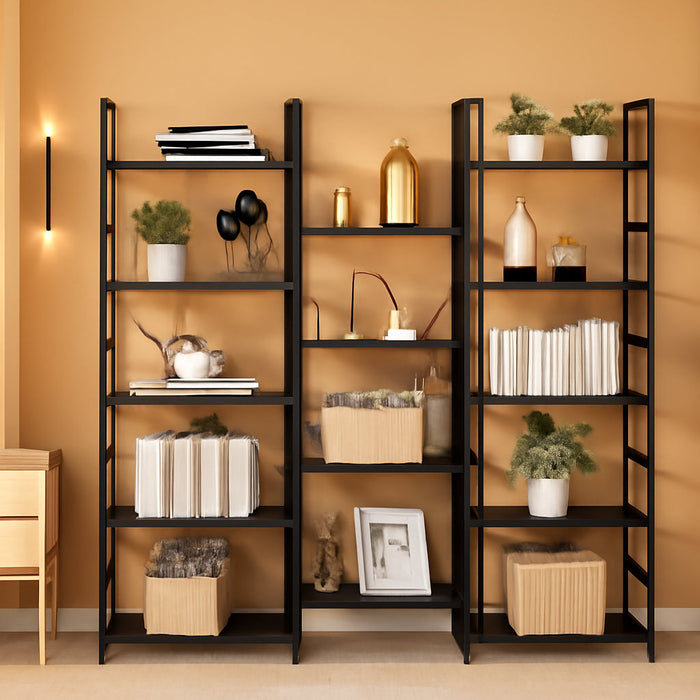 Industrial Black Triple Column Five Tier Bookshelf