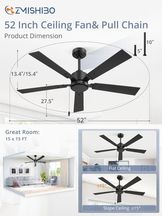 52 Inch Ceiling Fan No Light with Pull Chain, Modern Ceiling Fan without Lights, 6-Speeds, Quiet DC Motor, Remote Control, Black Ceiling Fan for Bedroom, Living Room, Indoor/Outdoor Use