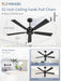 52 Inch Ceiling Fan No Light with Pull Chain, Modern Ceiling Fan without Lights, 6-Speeds, Quiet DC Motor, Remote Control, Black Ceiling Fan for Bedroom, Living Room, Indoor/Outdoor Use
