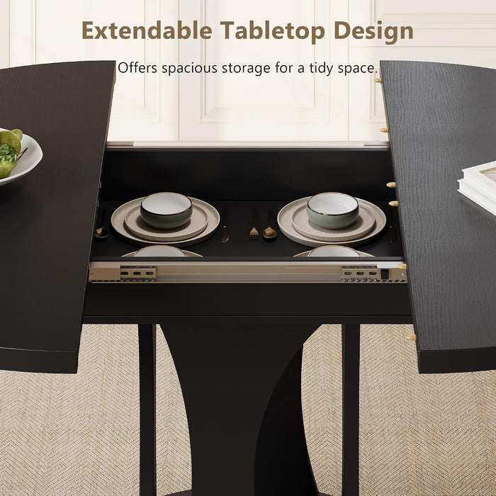59" Extendable round Dining Table for 6-8, Kitchen Table with Sturdy Double Arc Base & Backboard Clasp Desktop, Mid-Century Modern Dinner Table, Kitchen Dining Room, Space Saving, Black