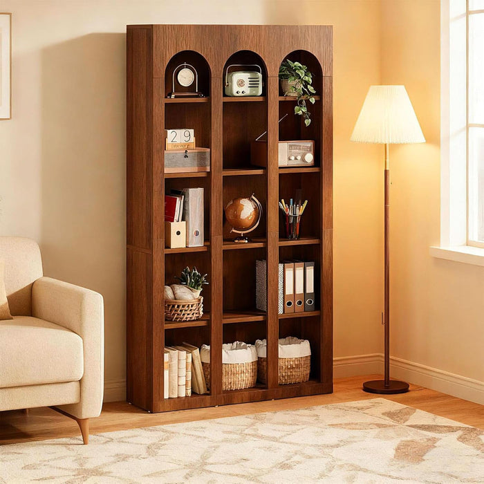 5-Tier Farmhouse Arched Bookshelf, 70.87-Inch Mid Century Modern Arched Bookcase with Open Shelves, Tall Book Shelf Vintage Display Storage Shelving Unit for Home Office, Rustic Brown