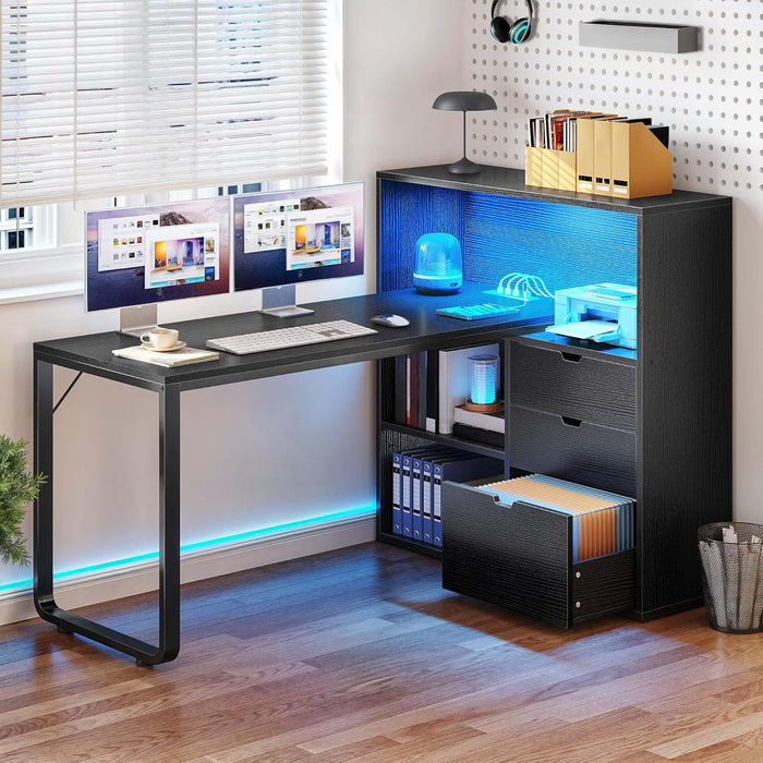 L Shaped Desk with Power Outlets & LED Lights & File Cabinet, 55" Corner Computer Desk with 3 Drawers & 3 Storage Shelves, Home Office Desk with Bookshelf, Black