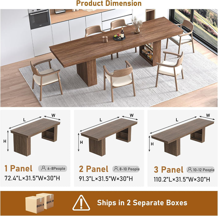 72-110 in Rectangular Extra Large Extendable Dining Table W/Storage for 6 10 12 People,Modern Farmhouse Long Wooden Kitchen Tables,Mid-Century,Double Pedestal Base for Kitchen, Dinner, Meeting,Walnut