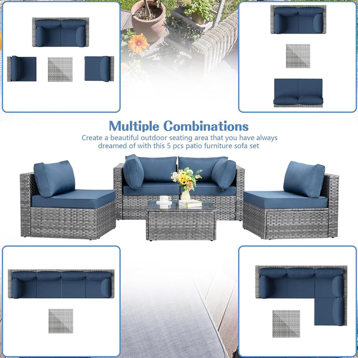 5 Pieces Outdoor Patio Sectional Sofa Couch, Silver Gray PE Wicker Furniture Conversation Sets with Washable Cushions & Glass Coffee Table for Garden, Poolside, Backyard (Aegean Blue)