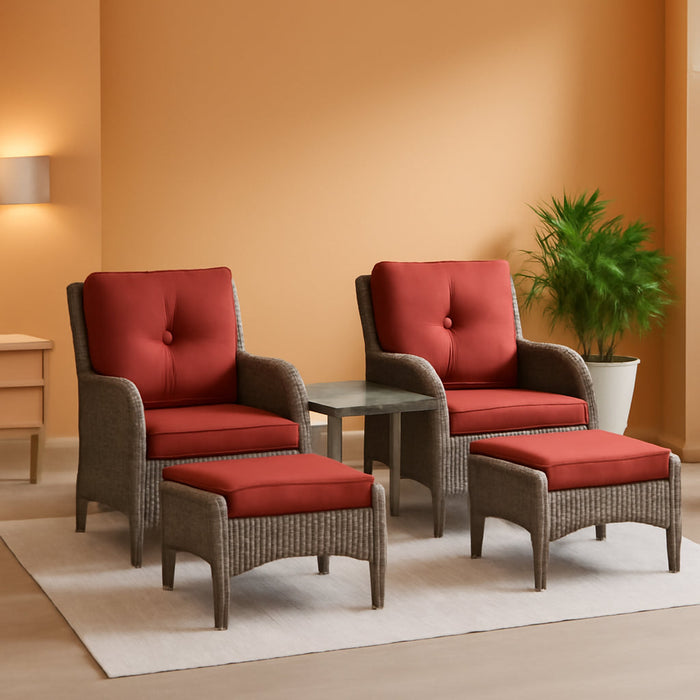 5 Pieces Wicker Patio Furniture Set - Swivel Rocker Outdoor Chairs with Ottomans and Side Table, Small Patio Conversation Set for Porch Deck Backyard Red