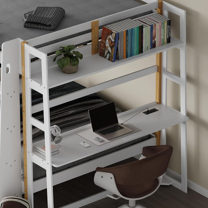 Wooden Twin over Twin Bunk Bed with Desk, Charging Station and LED Lights, Convertible Solid Wood Frame with Ladders and Drawers, Sturdy Wood Bunk Bed for Kids, Space-Saving (Twin over Twin)