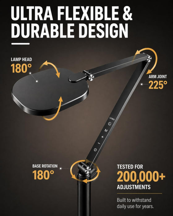 Eye-Caring LED Floor Lamp for Office, Reading, and Crafting, 69" Dimmable Office Lamp, Standing Reading Lamp with 30 Lighting Modes, Remote &Touch Control, Memory, Timer & Adjustable Swing Arm, CRI 97