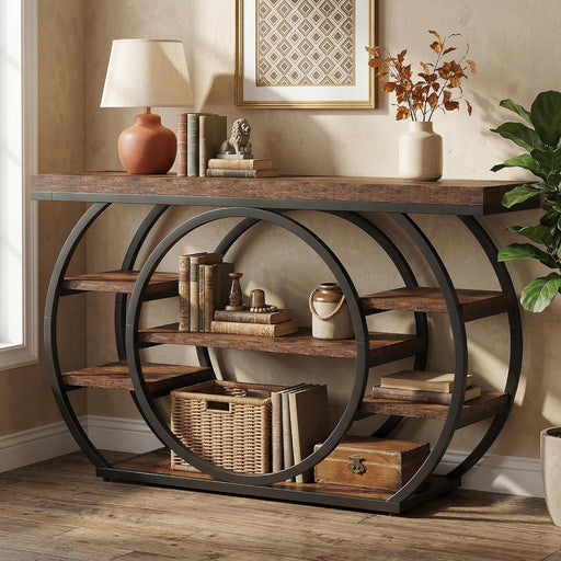 47” Console Table, Industrial 5-Tier Entryway Table with Metal Frame, Narrow Console Sofa Table for Living Room, Hallway, Rustic Brown