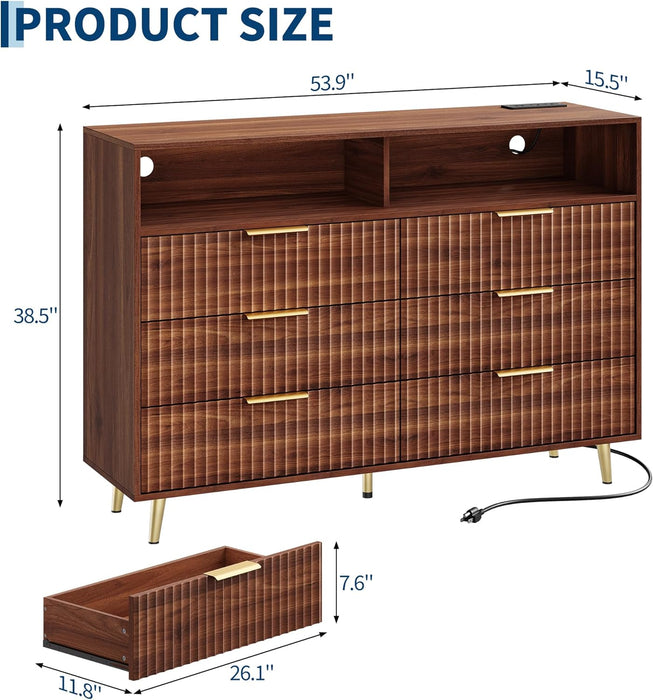 6 Drawers Dresser for Bedroom, 53.9" Wide Dressers with LED Lights and Charging Station, Curved Profile Design, Fluted Wood Drawers with Gold Handle, Modern Chest of Dressers for Living Room, Walnut