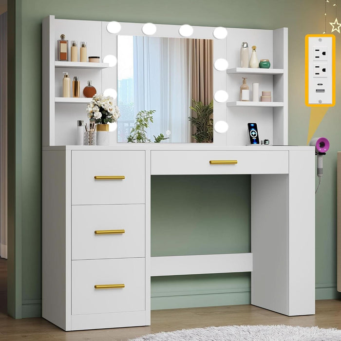 Vanity Desk with 22" Mirror, LED Lights and Power Outlet, Makeup Table with 4 Drawers, Adjustable 3 Lighting Colors, Vanity Table with Open Storage Shelves for Bedroom Dressing Room, White