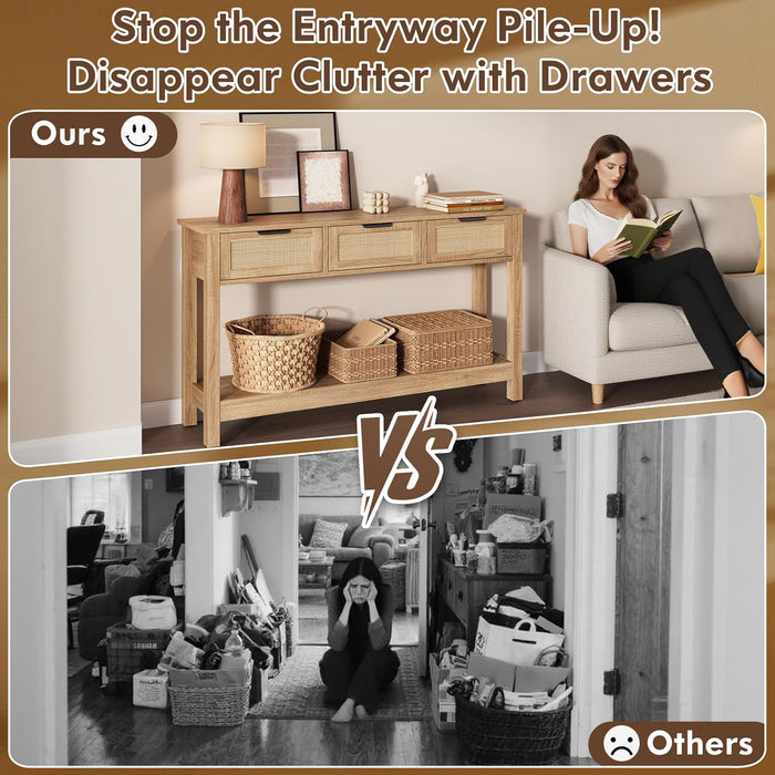 Rattan Console Table Boho Entryway Table with 3 Drawers Storage, Narrow Long behind Couch Sofa Table for Living Room Side Table Entry Way Table Entrance Hallway Foyer, Natural, 47 Inch