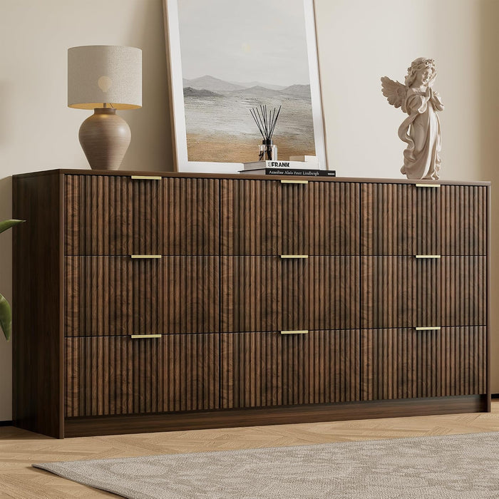 Walnut Dresser for Bedroom, Modern Dresser with 9 Drawers and Smooth Slides, Wide Chest of Drawers with Golden Handles for Bedroom, Living Room, Closet, 15.7" D X 63" W X 31.5" H