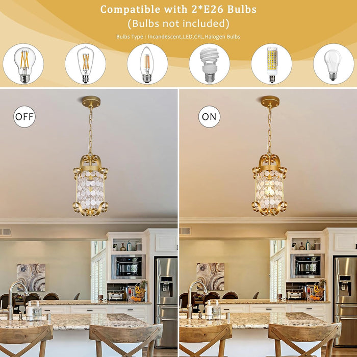 2 Pack Shell Pendant Lights, Modern Gold Capiz Shell Light Fixture Coastal Chandelier for Dining Room Nature Seashell Pendant Lighting for Kitchen Island Bedroom Foyer Entryway, 16"H X 10"Dia